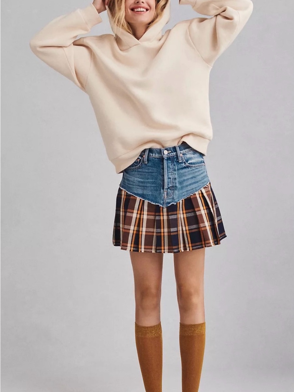 MOTHER Plaid Mini Skirt with Denim Waistband in Blue and Brown Sz. 30
